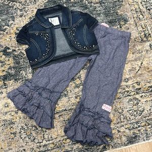 Little girls size 8/10 jean crop jacket and ruffle denim look ruffle bottoms